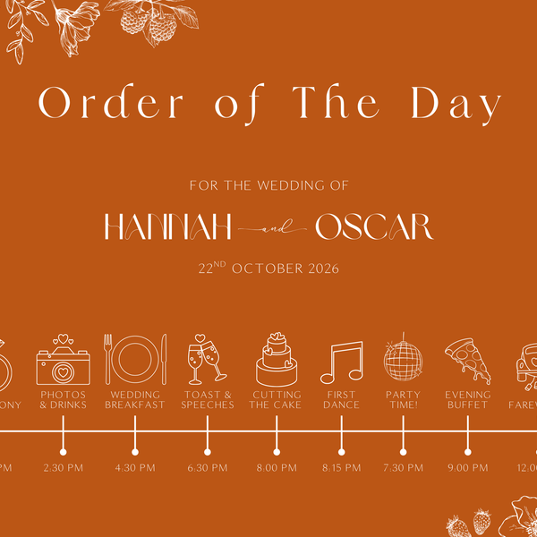 Toasted Amber wedding order of the day sign with burnt orange background and white botanical line art