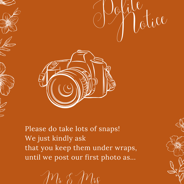 Toasted Amber polite notice wedding sign with burnt orange background and white botanical line art