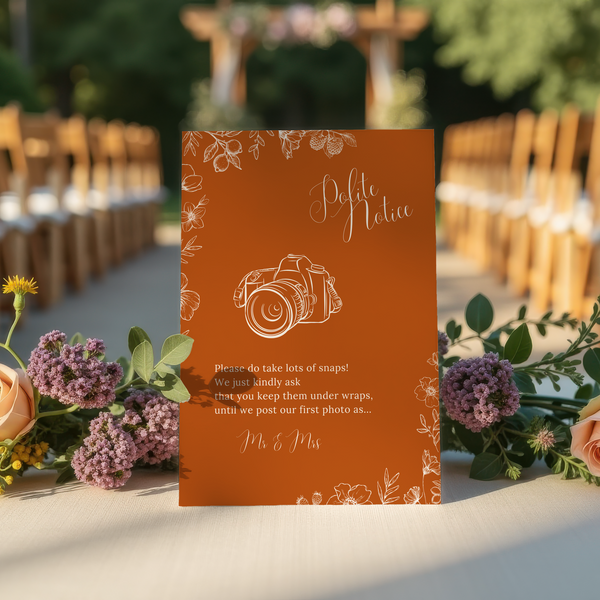 Toasted Amber polite notice wedding sign with burnt orange background and white botanical line art