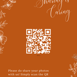 Toasted Amber photo sharing QR code wedding sign with burnt orange background and white botanical line art
