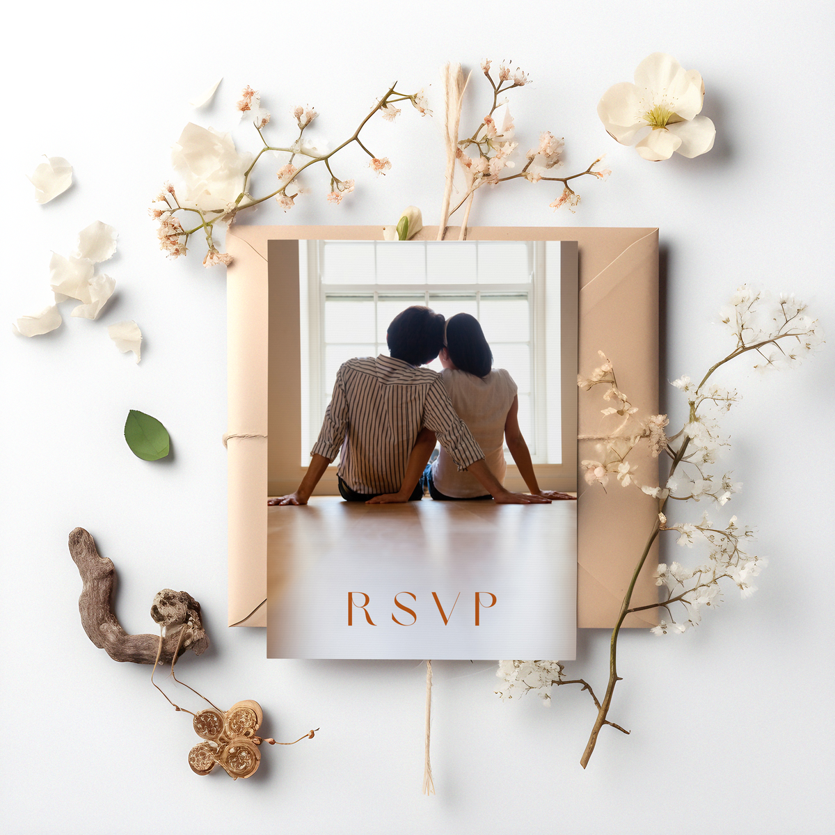 Personalised Toasted Amber QR code RSVP card A6 wedding stationery with burnt orange design and custom photo front