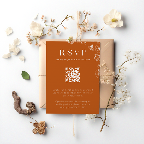 Personalised Toasted Amber QR code RSVP card A6 wedding stationery with burnt orange design and custom photo front
