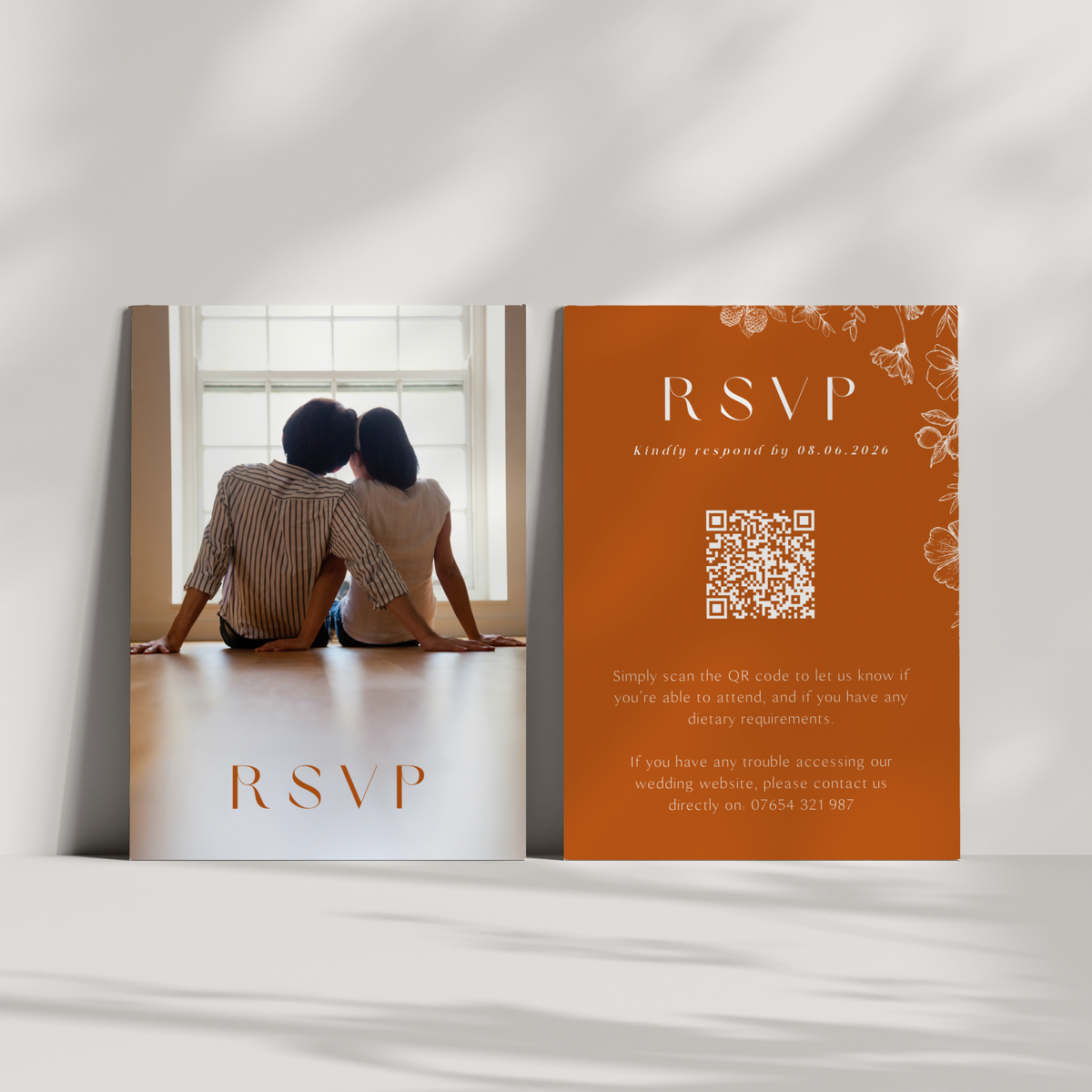 Personalised Toasted Amber QR code RSVP card A6 wedding stationery with burnt orange design and custom photo front