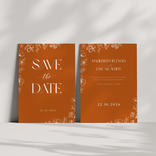 Personalised Toasted Amber Save the Date card 5x7 inch wedding stationery with burnt orange background and white botanical design