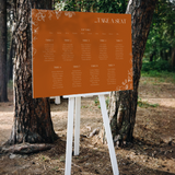 Toasted Amber wedding seating plan sign with burnt orange background and white botanical line art