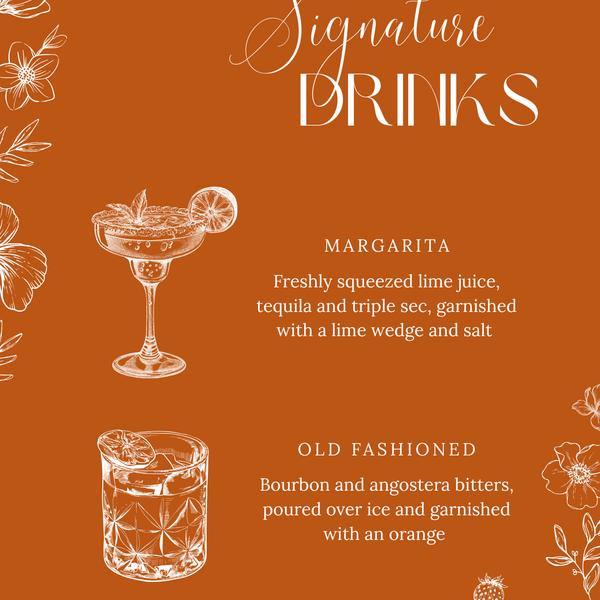 Toasted Amber signature drinks wedding sign with burnt orange background and white botanical line art