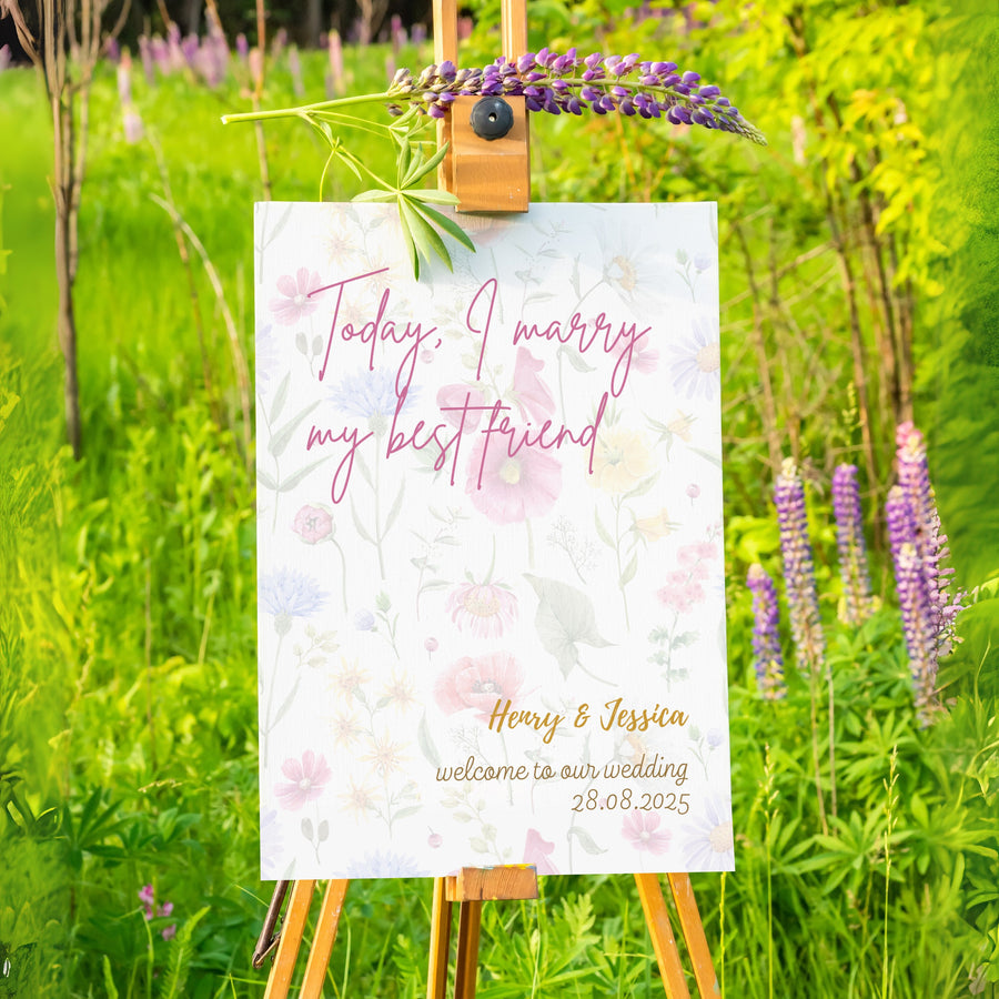 Bright Floral "Today I Marry My Best Friend" wedding welcome sign - Garden Party style wedding welcome sign - personalised wedding board 