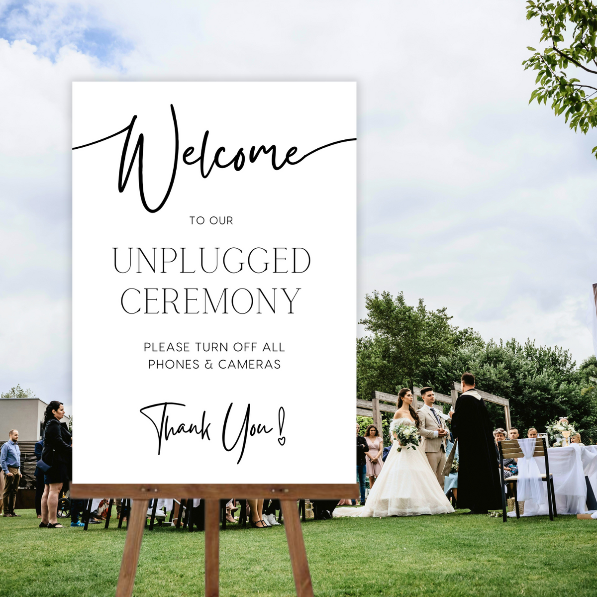 timeless white unplugged ceremony sign - affordable wedding ceremony signs