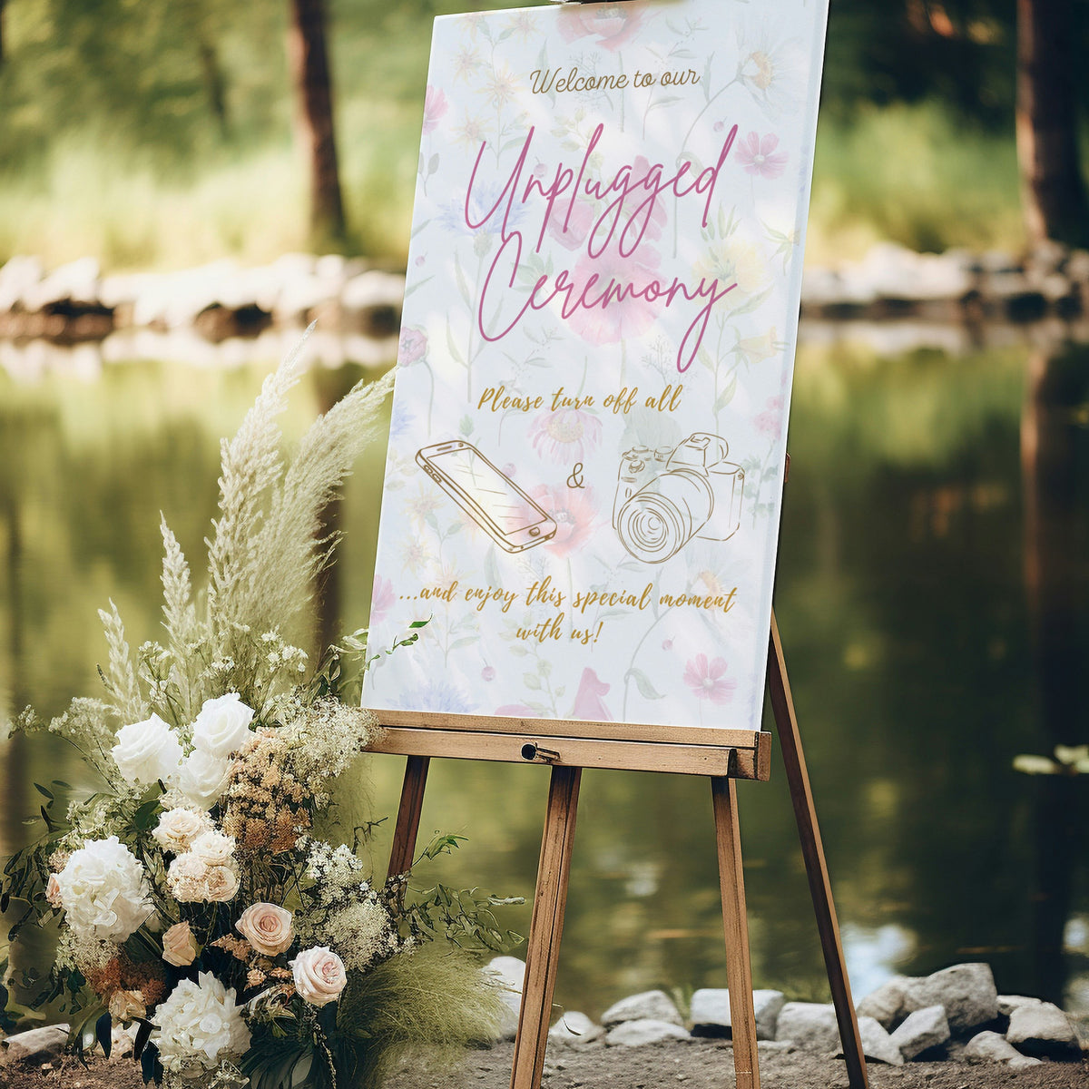 garden party unplugged ceremony wedding sign - affordable custom wedding sign