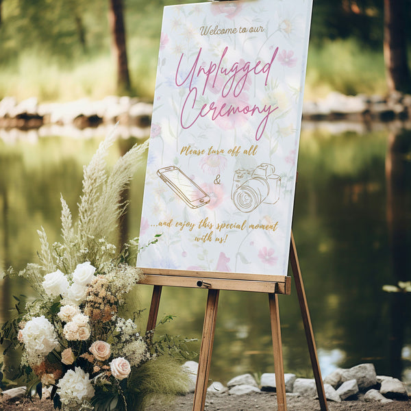 garden party unplugged ceremony wedding sign - affordable custom wedding sign