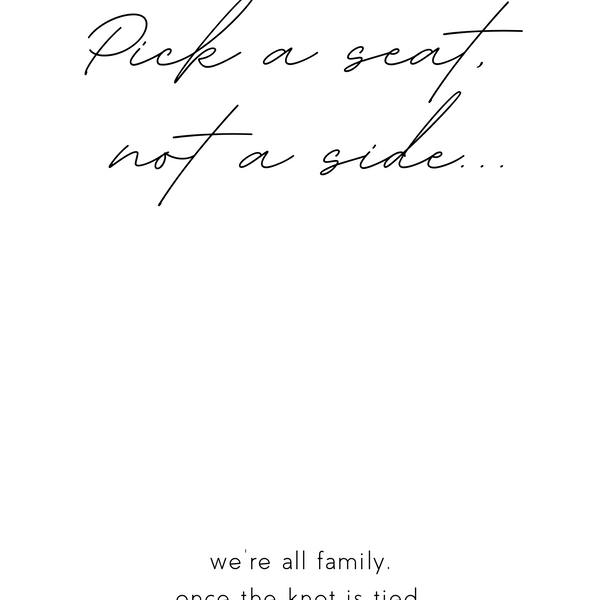 Dreamy Pick A Seat, Not A Side we're all family once the knot is tied Sign - wedding ceremony sign dreamy