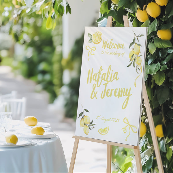 Limoncello wedding welcome sign with lemon watercolour illustrations and yellow script text