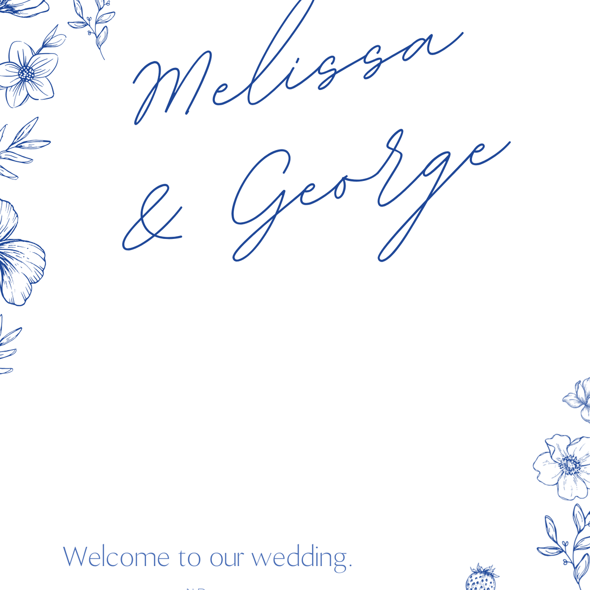 Santorini wedding welcome sign with blue botanical sketches and elegant handwritten script