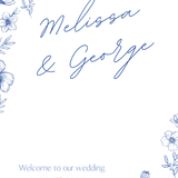 Santorini wedding welcome sign with blue botanical sketches and elegant handwritten script