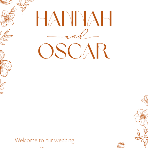 Sienna floral wedding welcome sign with terracotta botanical sketches and elegant boho typography