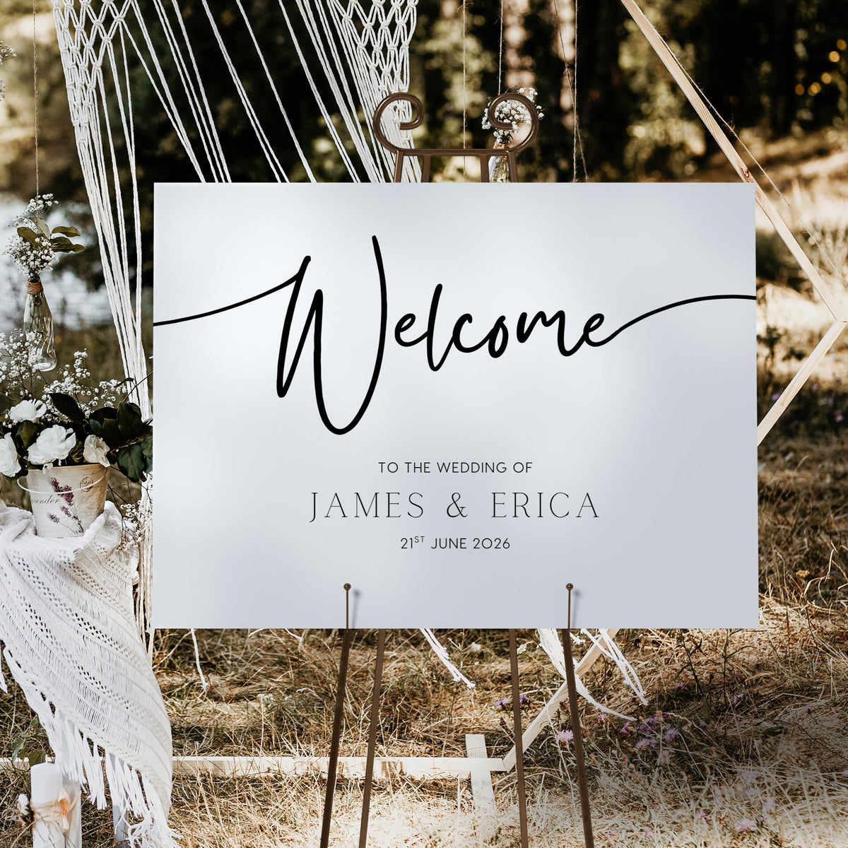 timeless white wedding welcome sign personalised - A custom wedding welcome sign, in a minimalist white design, featuring a plain white background and elegant black typography with your unique details