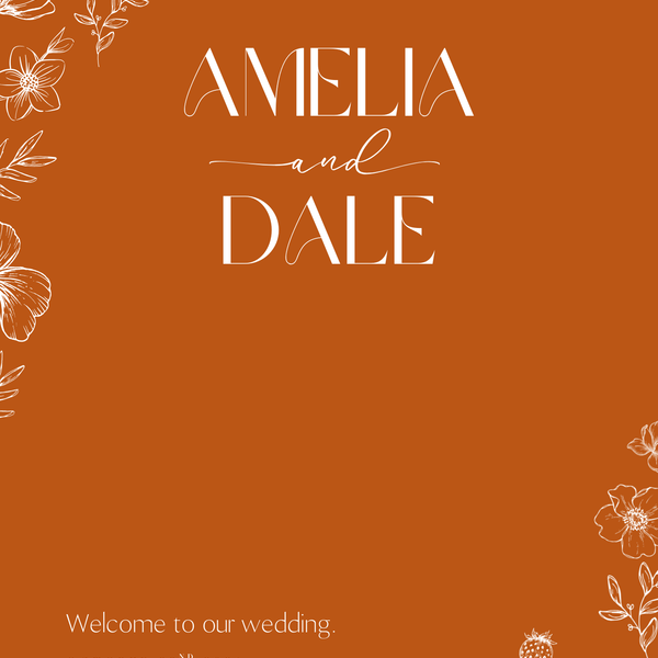 Toasted Amber wedding welcome sign with burnt orange background and white botanical line art