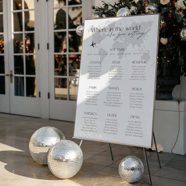 Dreamy "Where in the world are you sitting?" Seating Plan Sign in Grey | Where in the world seating chart custom