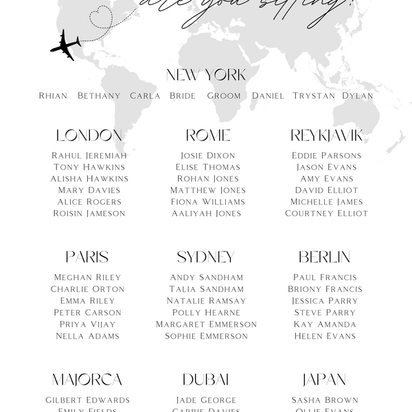 Dreamy "Where in the world are you sitting?" Seating Plan Sign in Grey