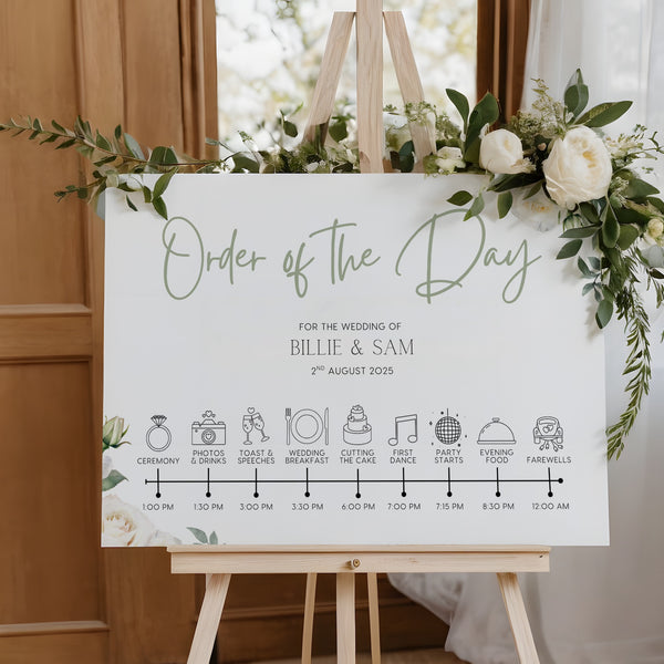 Order of the day wedding sign in white roses design - customised wedding board with white rose graphics and elegant black text, on a crisp white background