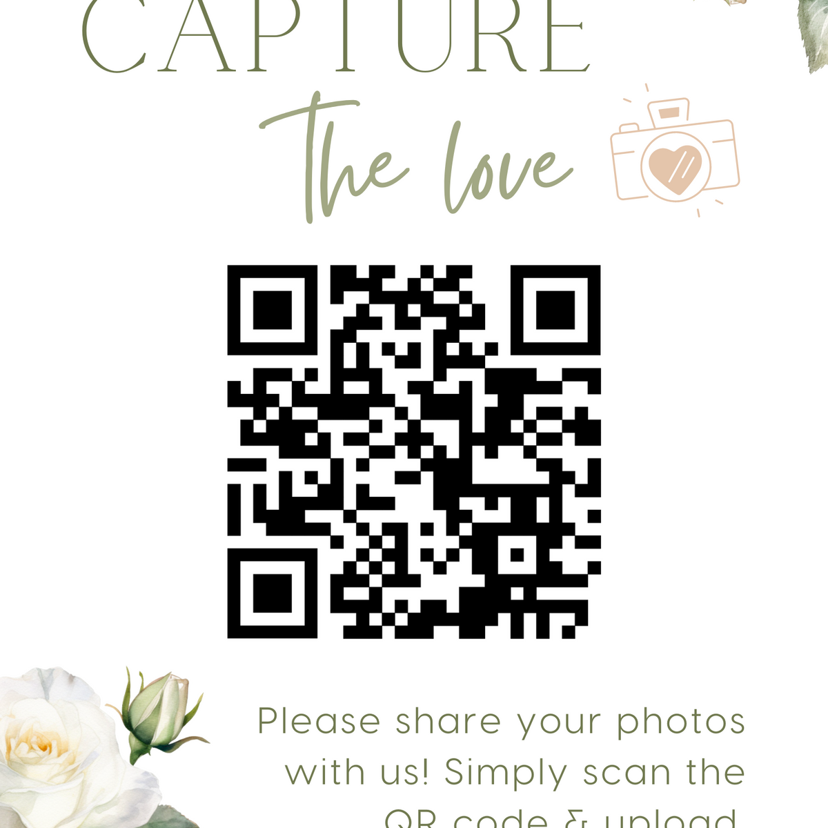 white roses floral guest photo sharing QR code sign - personalised wedding reception sign