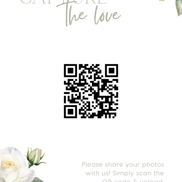white roses photo sharing qr code sign for wedding tables - luxury wedding table signage for guests to share photos