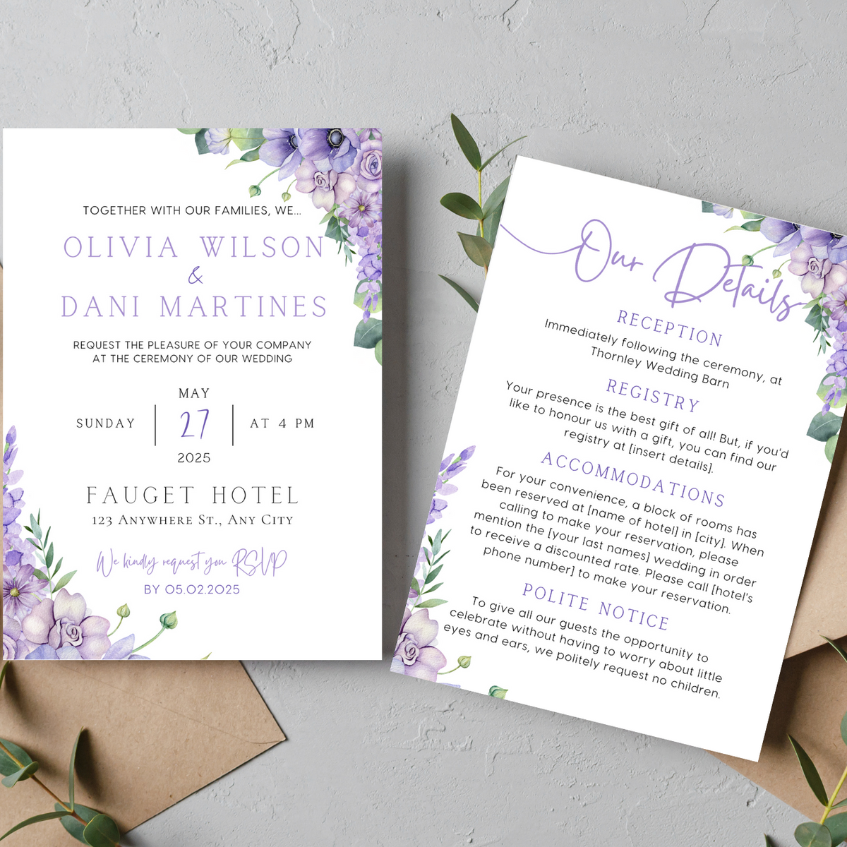 lilac and lavender floral wedding invites - affordable perosnalised wedding invitations