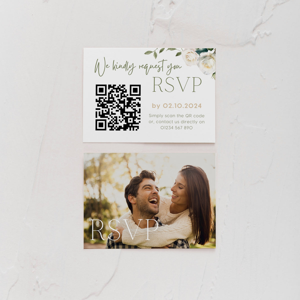 white roses floral wedding RSVP with QR - personalised wedding RSVPs invitations