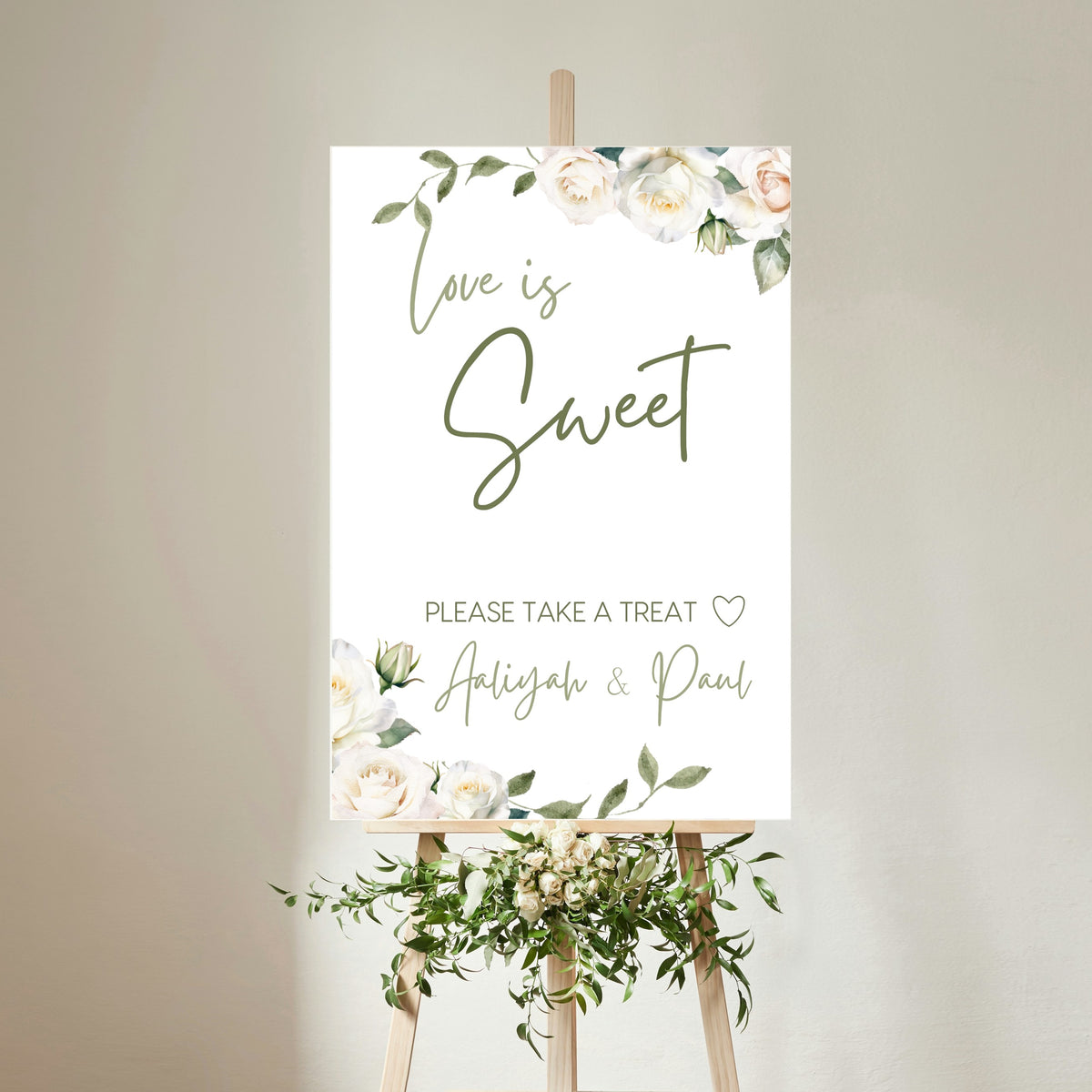 white roses floral wedding sweet table sign - personalised love is sweet sign 