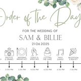 white roses floral order of the day sign for weddings - personalised - customizable