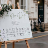 Order of the day wedding sign in white roses design - customised wedding board with white rose graphics and elegant black text, on a crisp white background