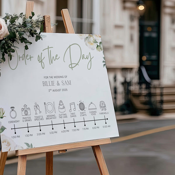 Order of the day wedding sign in white roses design - customised wedding board with white rose graphics and elegant black text, on a crisp white background