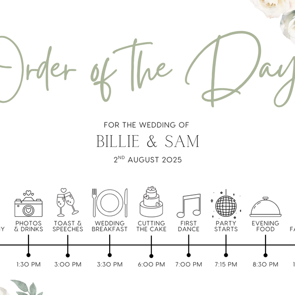 Order of the day wedding sign in white roses design - customised wedding board with white rose graphics and elegant black text, on a crisp white background