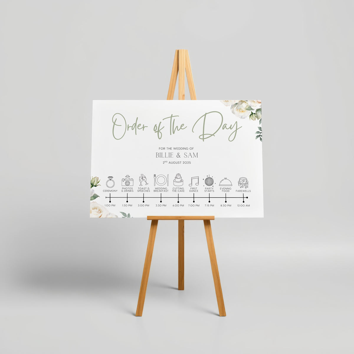 Order of the day wedding sign in white roses design - customised wedding board with white rose graphics and elegant black text, on a crisp white background