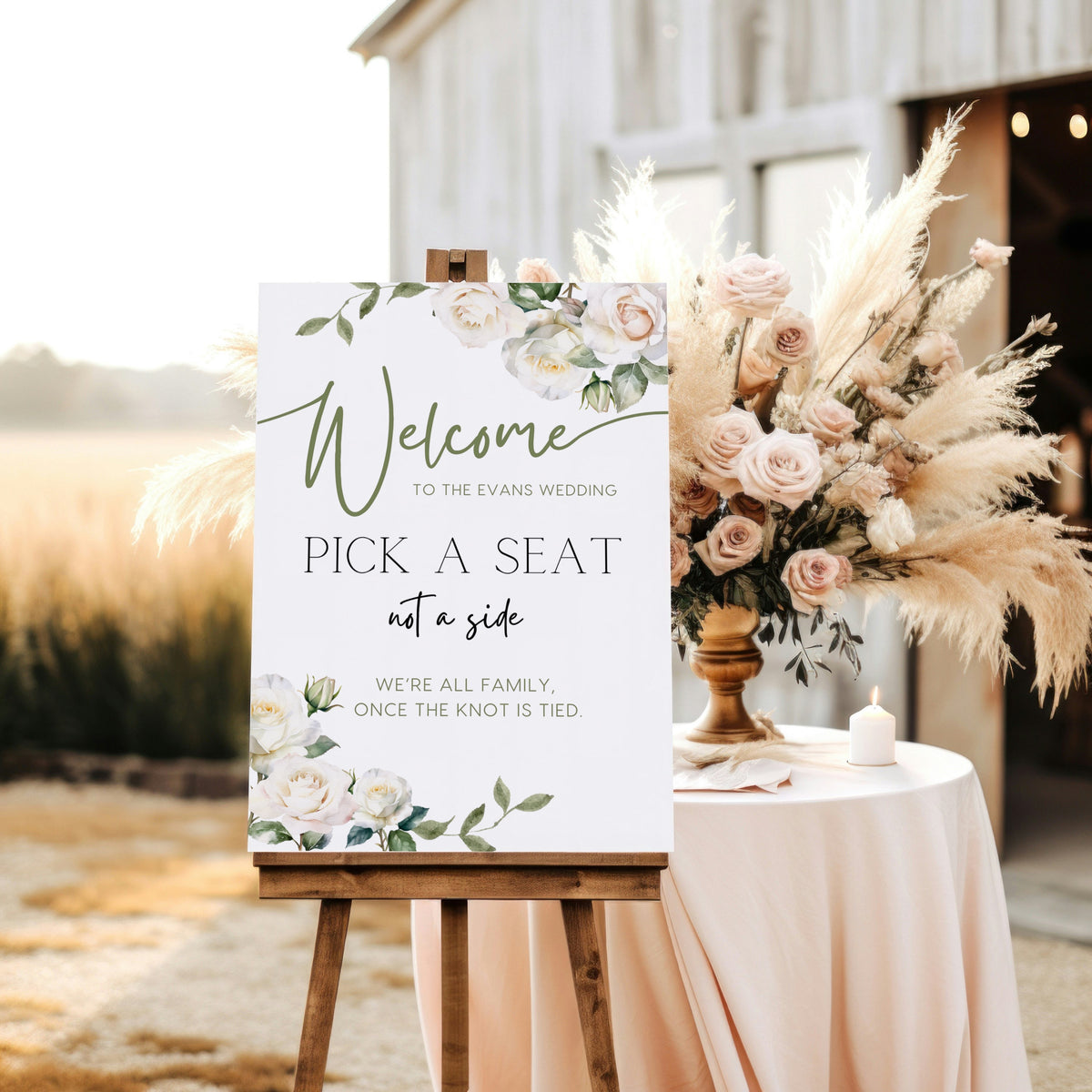 white roses floral pick a seat not a side wedding sign - affordable wedding ceremony signs