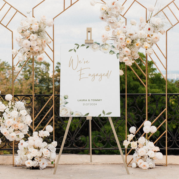 White Roses Floral "We're Engaged!" Engagement Party Sign