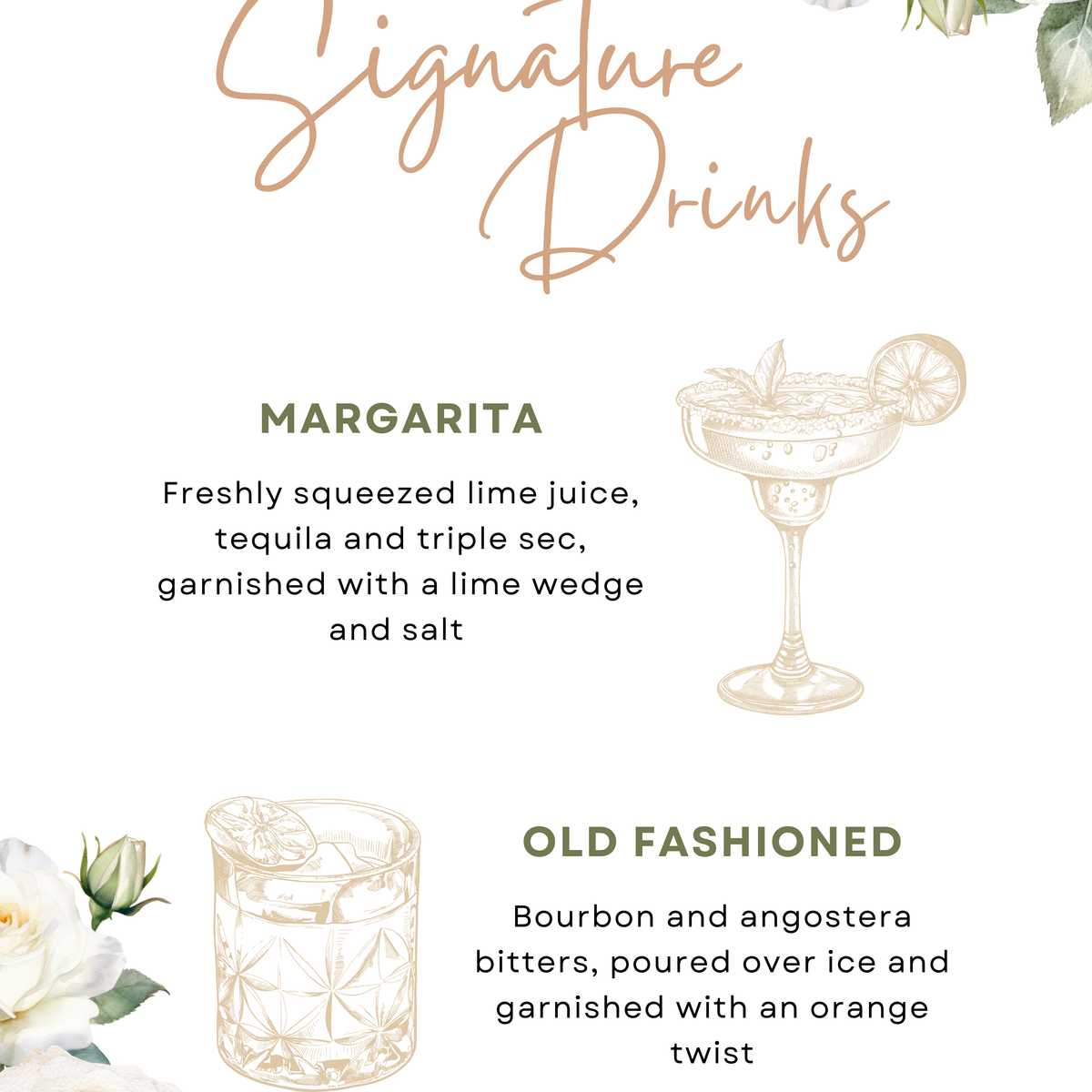 white roses floral signature drinks sign - personalised signature cocktails wedding sign uk