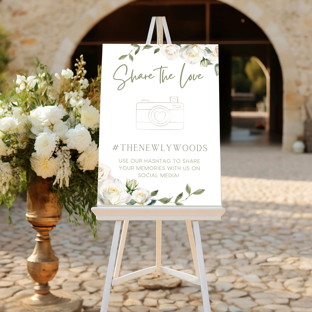 white roses floral wedding hashtag sign - personalised wedding signs cheap