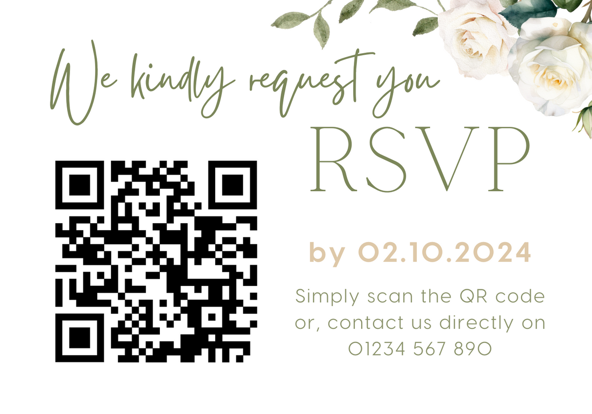 white roses floral wedding RSVP with QR - personalised wedding RSVPs invitations