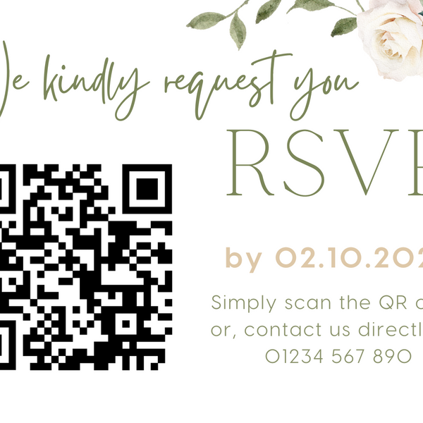 white roses floral wedding RSVP with QR - personalised wedding RSVPs invitations