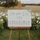 Order of the day wedding sign in white roses design - customised wedding board with white rose graphics and elegant black text, on a crisp white background