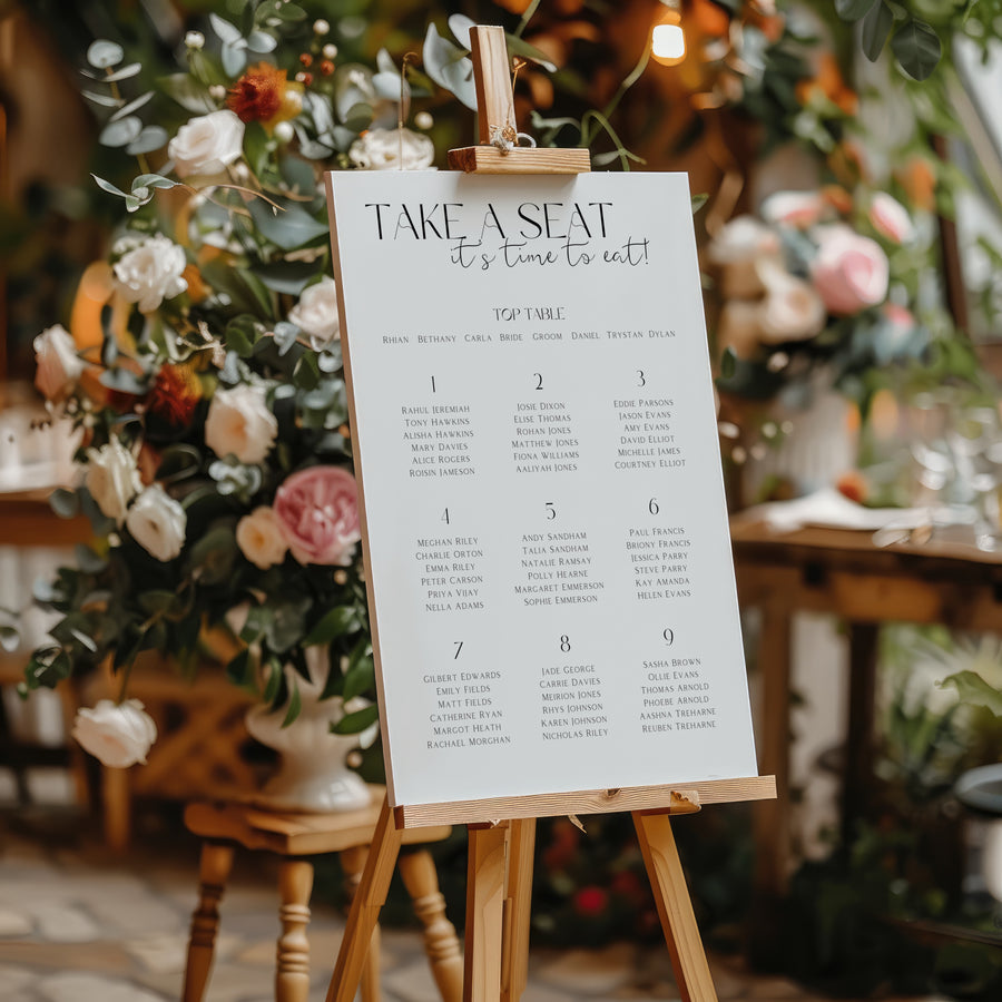 Custom Wedding Seating plan sign in white | white winter wedding take a seat sign | personalised wedding signage