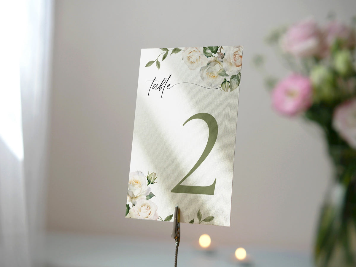 white roses floral table number for wedding tables - luxury wedding table numbers personalised