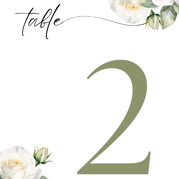 white roses floral table number for wedding tables - luxury wedding table numbers personalised