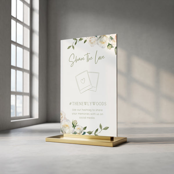 white roses Floral Wedding Hashtag Sign for Reception Display - Personalised wedding hashtag social media sign