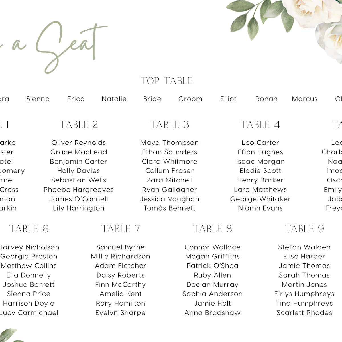 white roses floral wedding seating plan - personalised wedding board