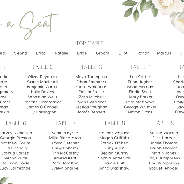 white roses floral wedding seating plan - personalised wedding board