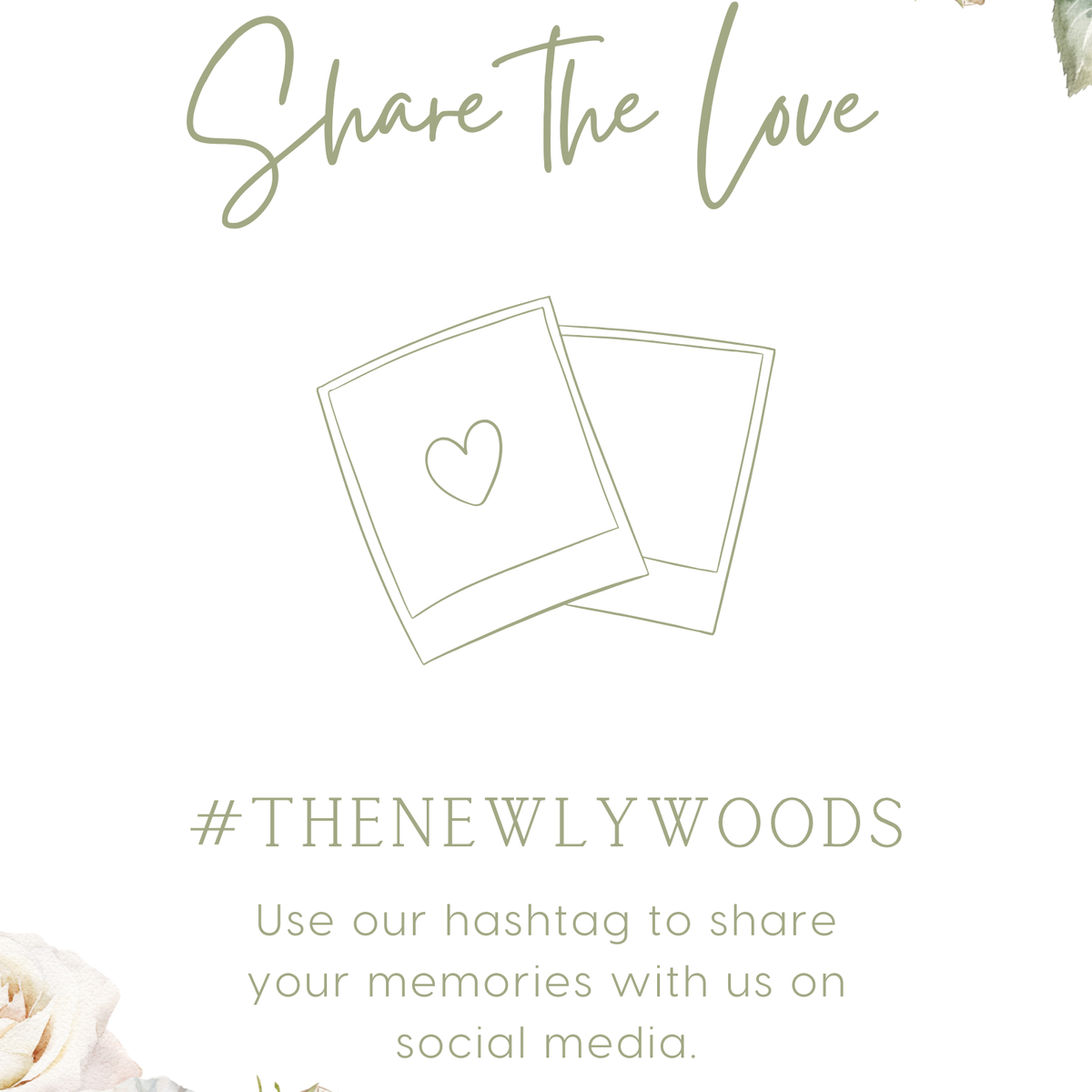 white roses Floral Wedding Hashtag Sign for Reception Display - Personalised wedding hashtag social media sign