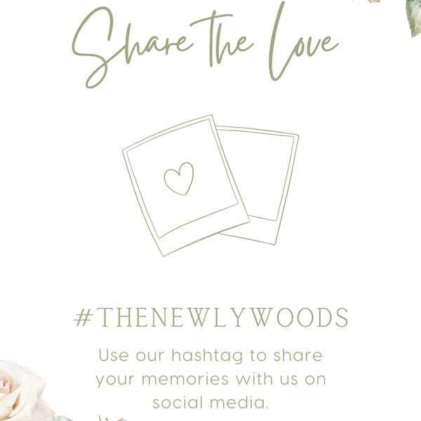 white roses Floral Wedding Hashtag Sign for Reception Display - Personalised wedding hashtag social media sign