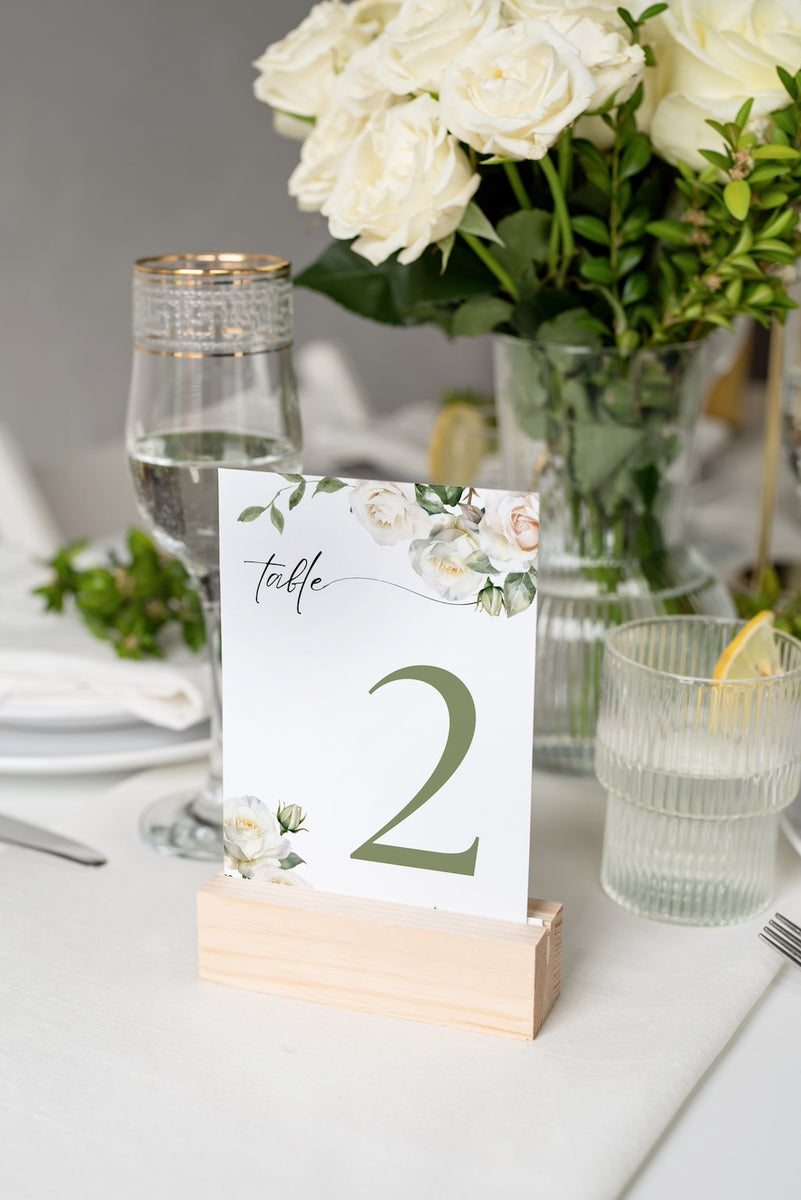 white roses floral table number for wedding tables - luxury wedding table numbers personalised
